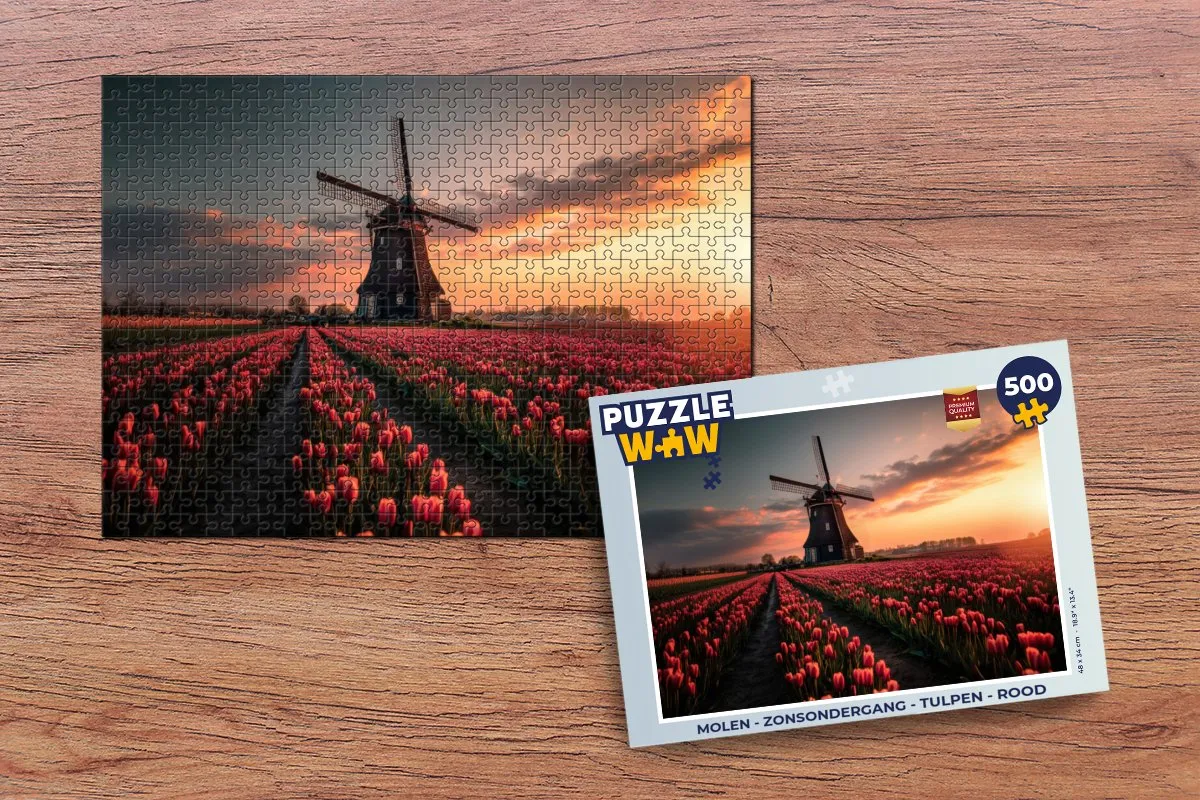 PuzzleWow Zonsondergang Tulpen Legpuzzel 500 Stuks - Rood