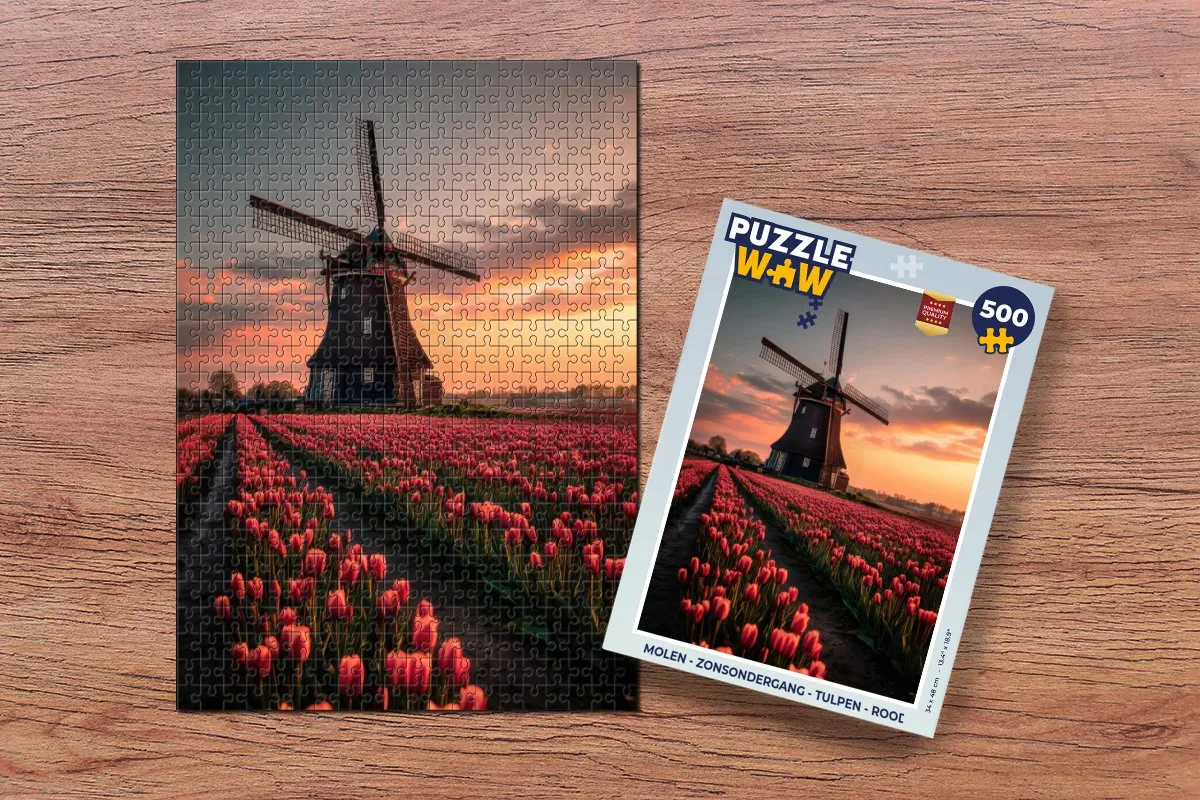 PuzzleWow Zonsondergang Tulpen Legpuzzel 500 Stuks - Rood