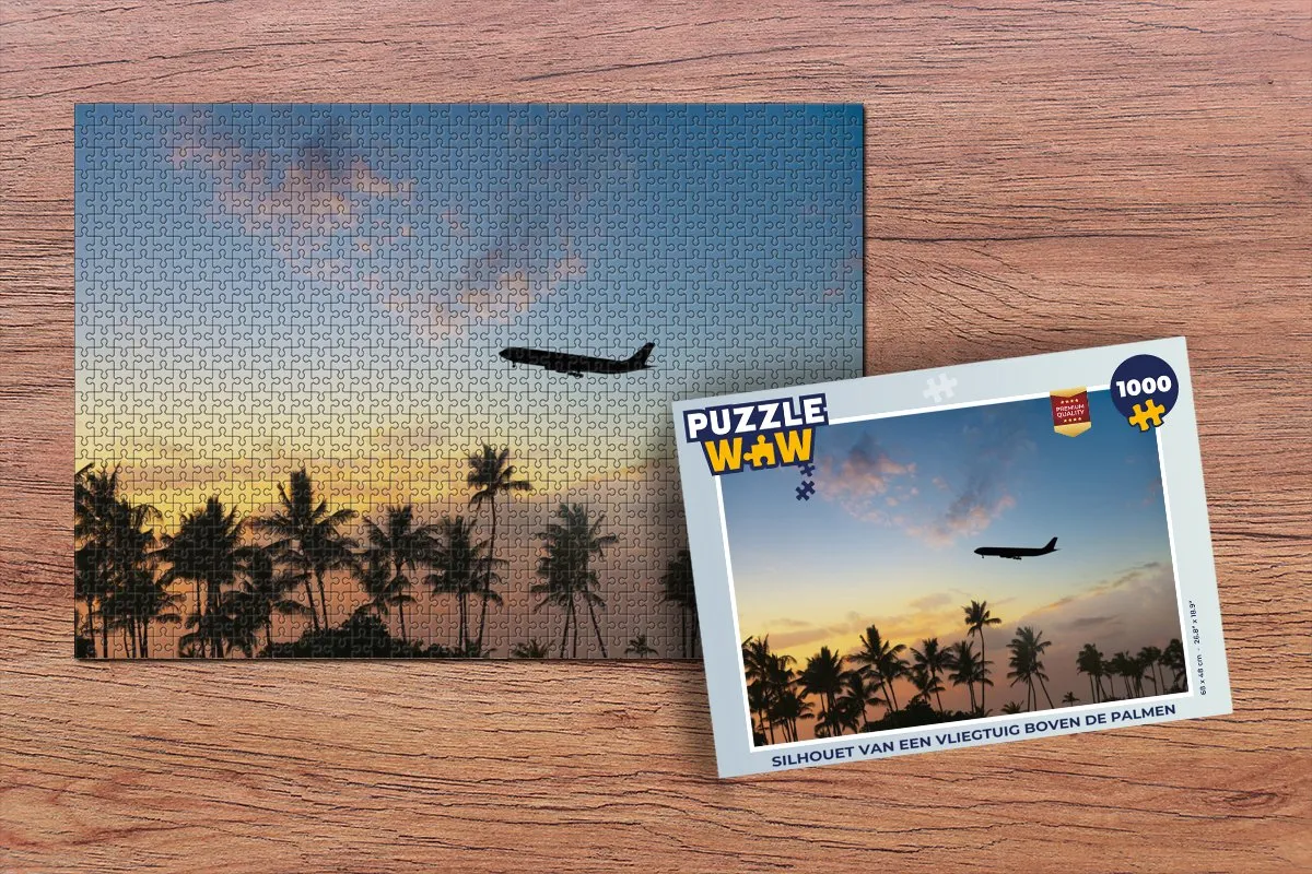 PuzzleWow Legpuzzel 1000 Stuks - Silhouet Vliegtuig Palmen Multicolor