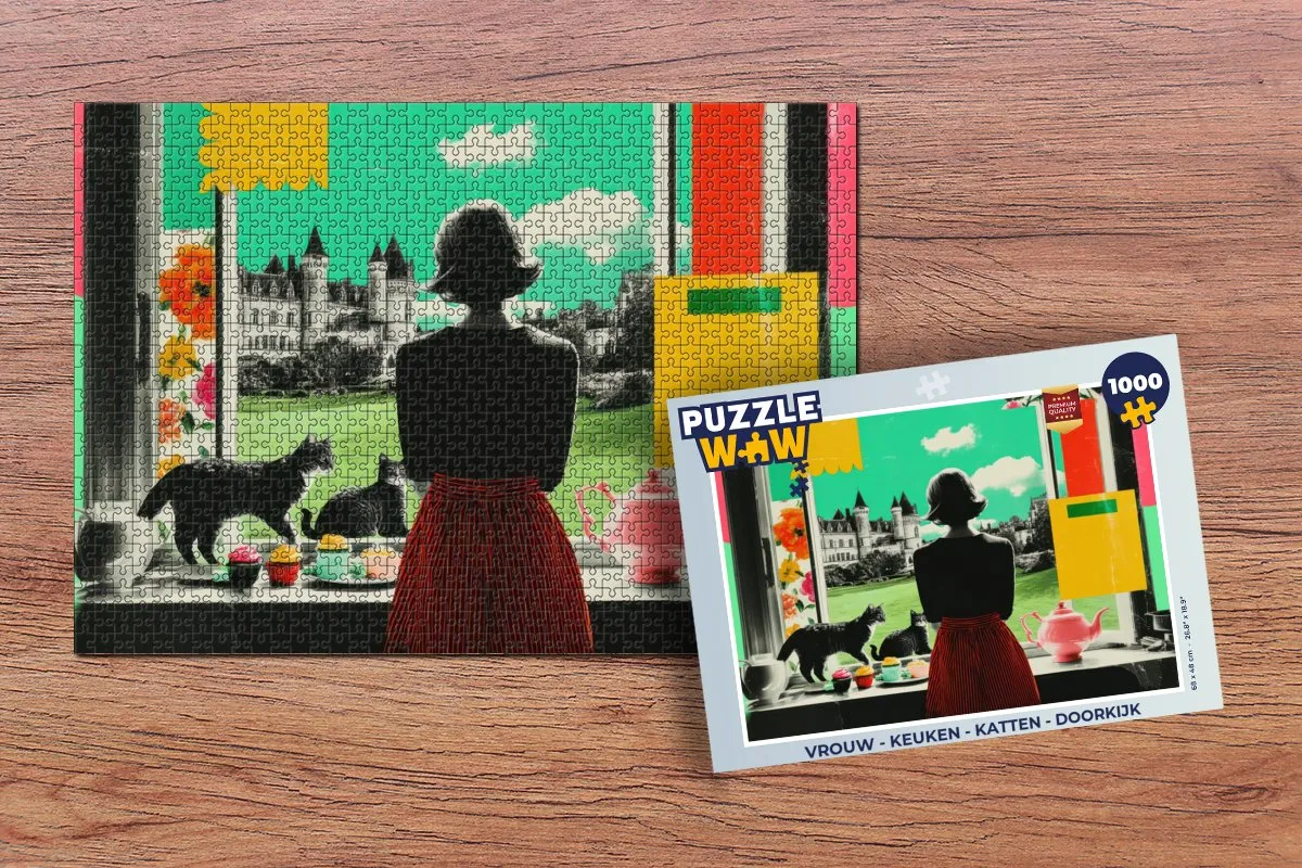 PuzzleWow Katten in de Keuken Puzzle 1000 Stuks - Vrouw/Kat/Kasteel