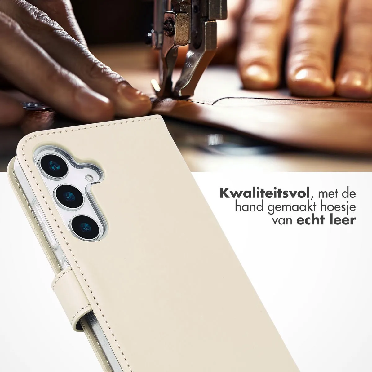 Selencia Hoesje Samsung Galaxy S25 - Lederen Bookcase - Beige