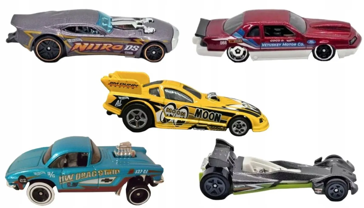 Hot Wheels Drag Strip HTV54 5-Pack Voertuigen - Blauw/Wit/Geel/Zwart/Rood/Grijs