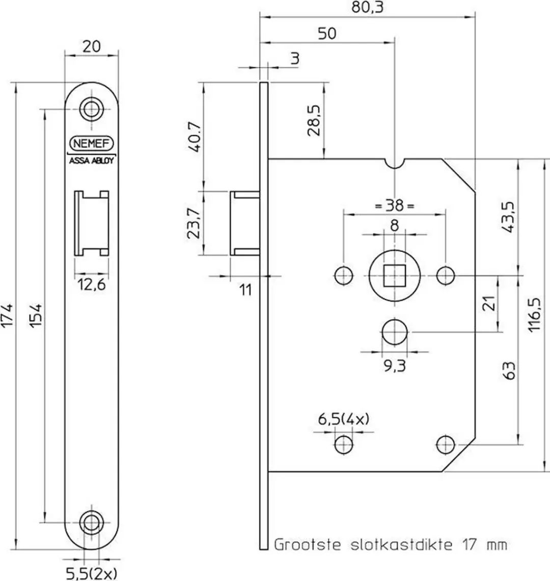Nemef Loopslot 1255/5-50 - Omkeerbaar messing - 55mm PC - 50mm Doorn - Koper
