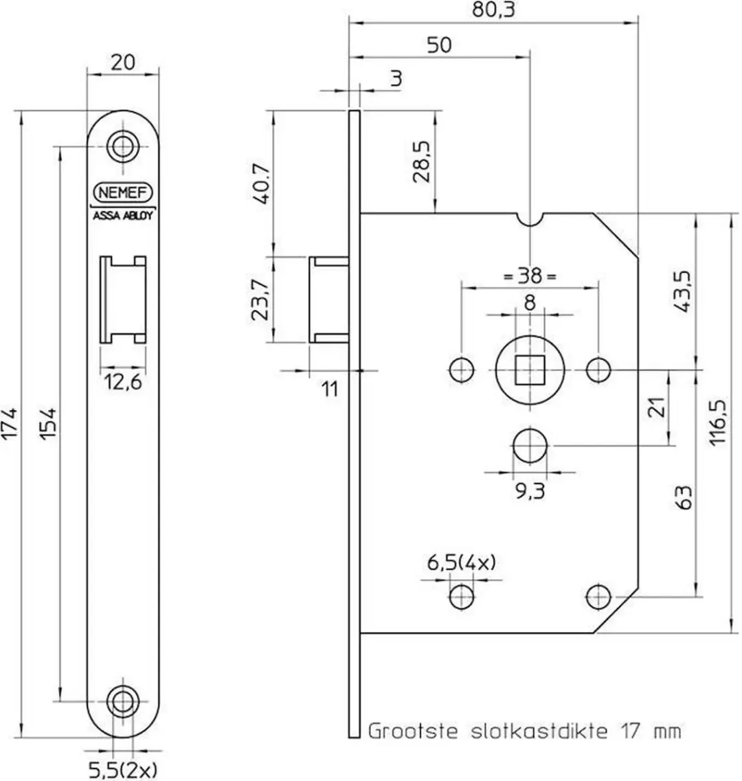 Nemef 1255 Insteekslot - RVS geborsteld - 50mm - Hollands links