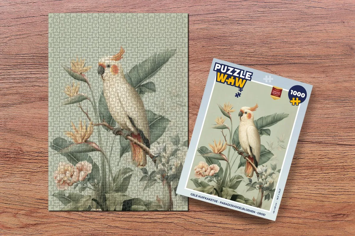 PuzzleWow Legpuzzel Gele Kuifkaketoe 1000 Stuks - Paradijsvogelbloemen