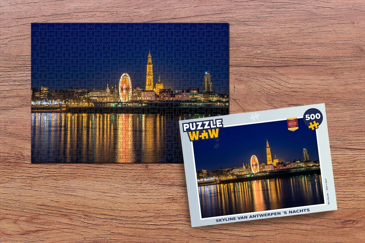 PuzzleWow Skyline Antwerpen Nacht Legpuzzel 500 Stuks - Multicolor
