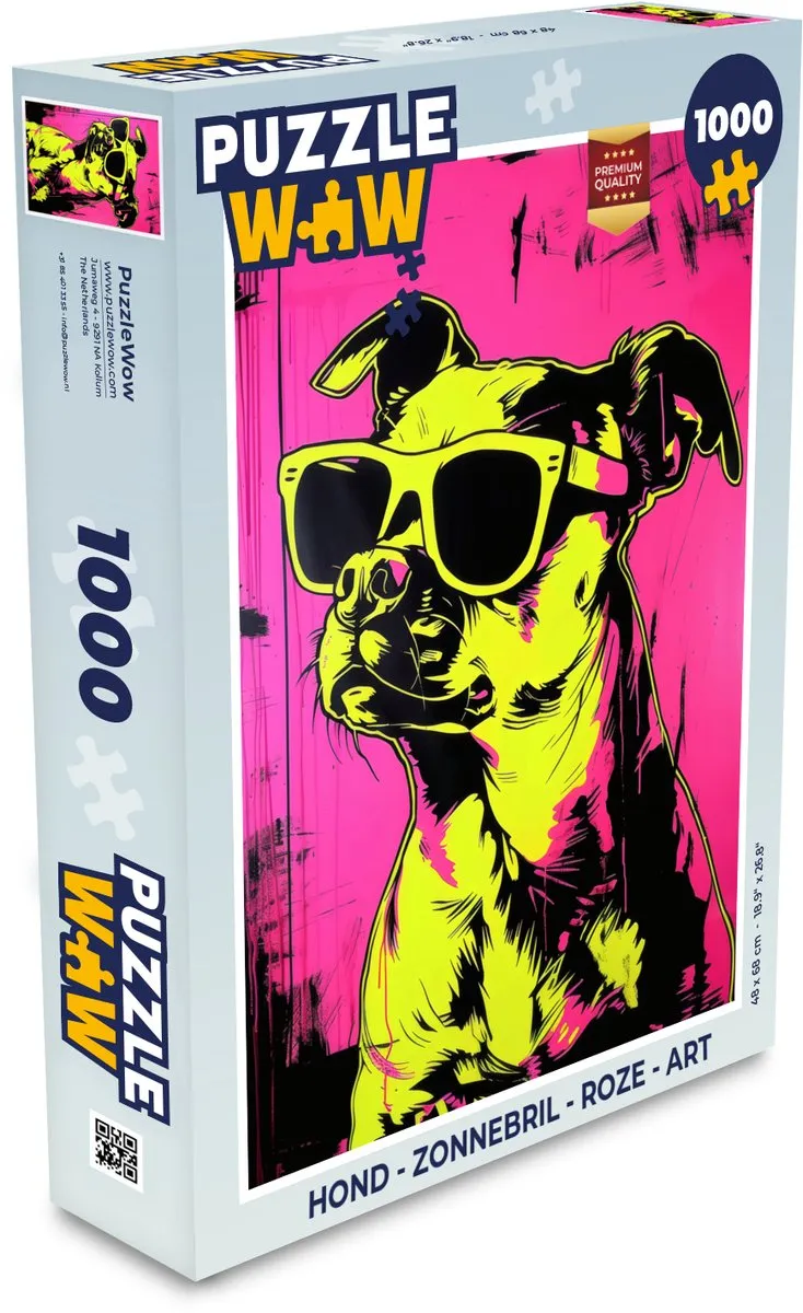 PuzzleWow Hond Zonnebril Legpuzzel 1000 Stuks - Roze