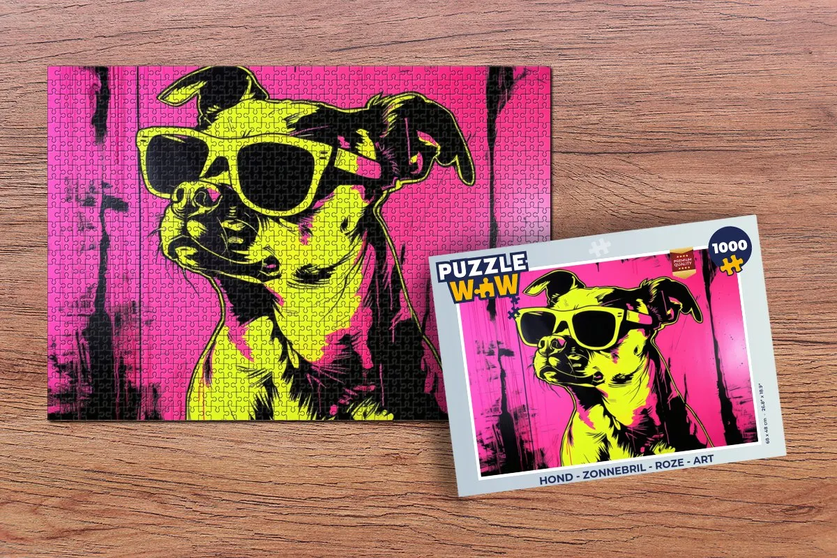 PuzzleWow Hond Zonnebril Legpuzzel 1000 Stuks - Roze