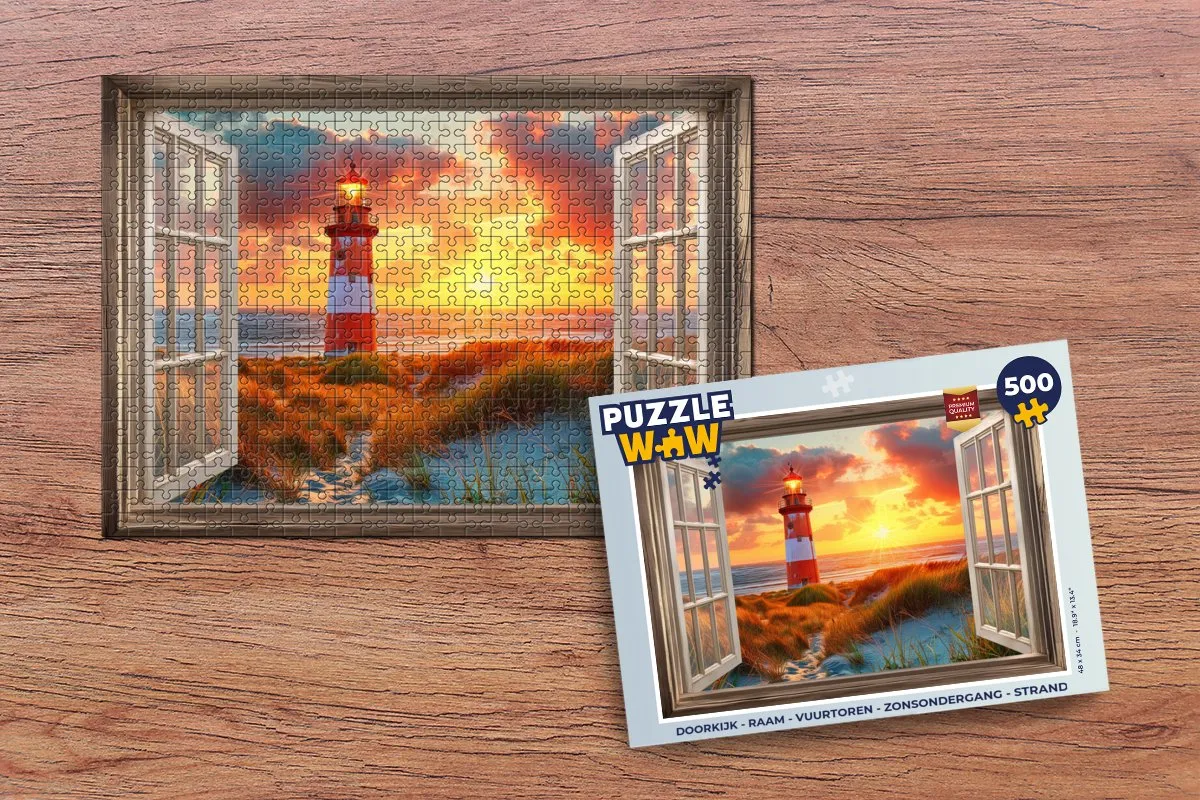 PuzzleWow Doorkijk Raam Puzzel 500 Stuks - Vuurtoren & Zonsondergang