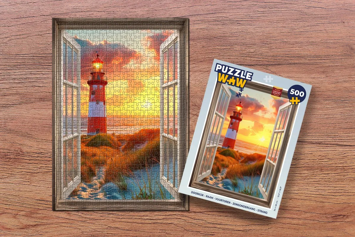 PuzzleWow Doorkijk Raam Puzzel 500 Stuks - Vuurtoren & Zonsondergang