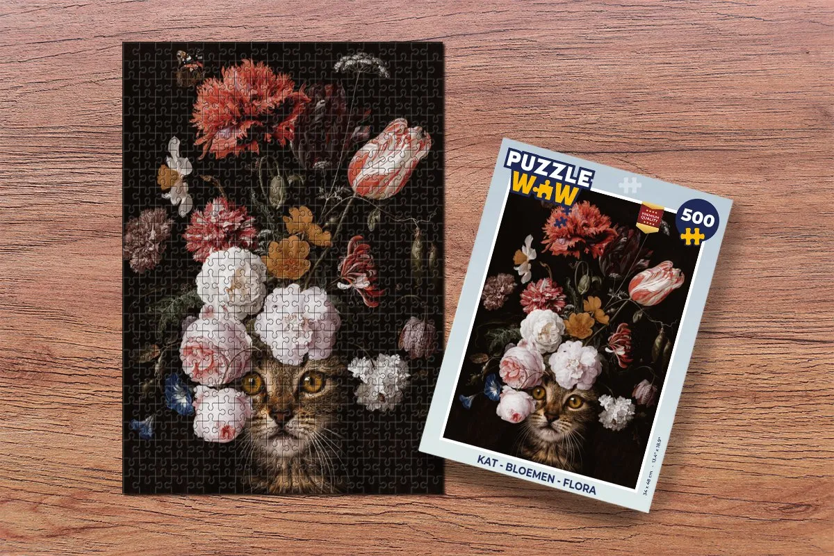 PuzzleWow Kat Bloemen Legpuzzel 500 Stuks - Multicolor