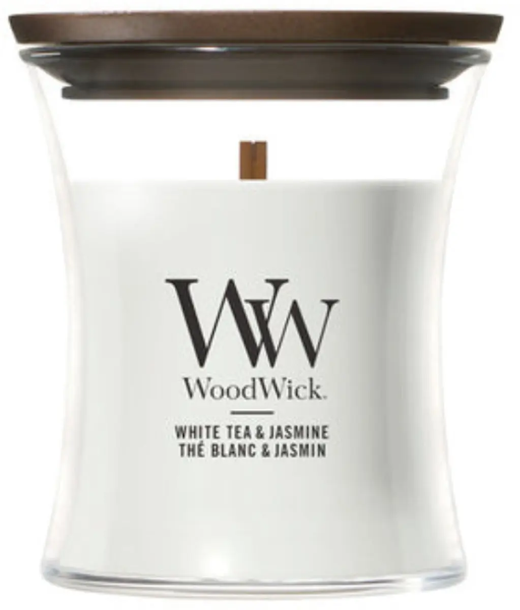 Woodwick Mini Geurkaars White Tea & Jasmine 20u - 85g - Wit - afbeelding 4 van 5