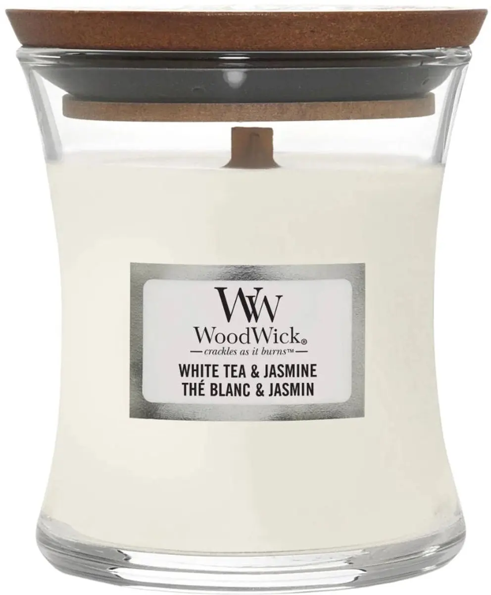 Woodwick Mini Geurkaars White Tea & Jasmine 20u - 85g - Wit - afbeelding 5 van 5