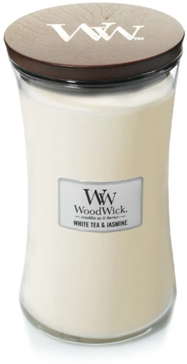 Woodwick Mini Geurkaars White Tea & Jasmine 20u - 85g - Wit - afbeelding 3 van 5