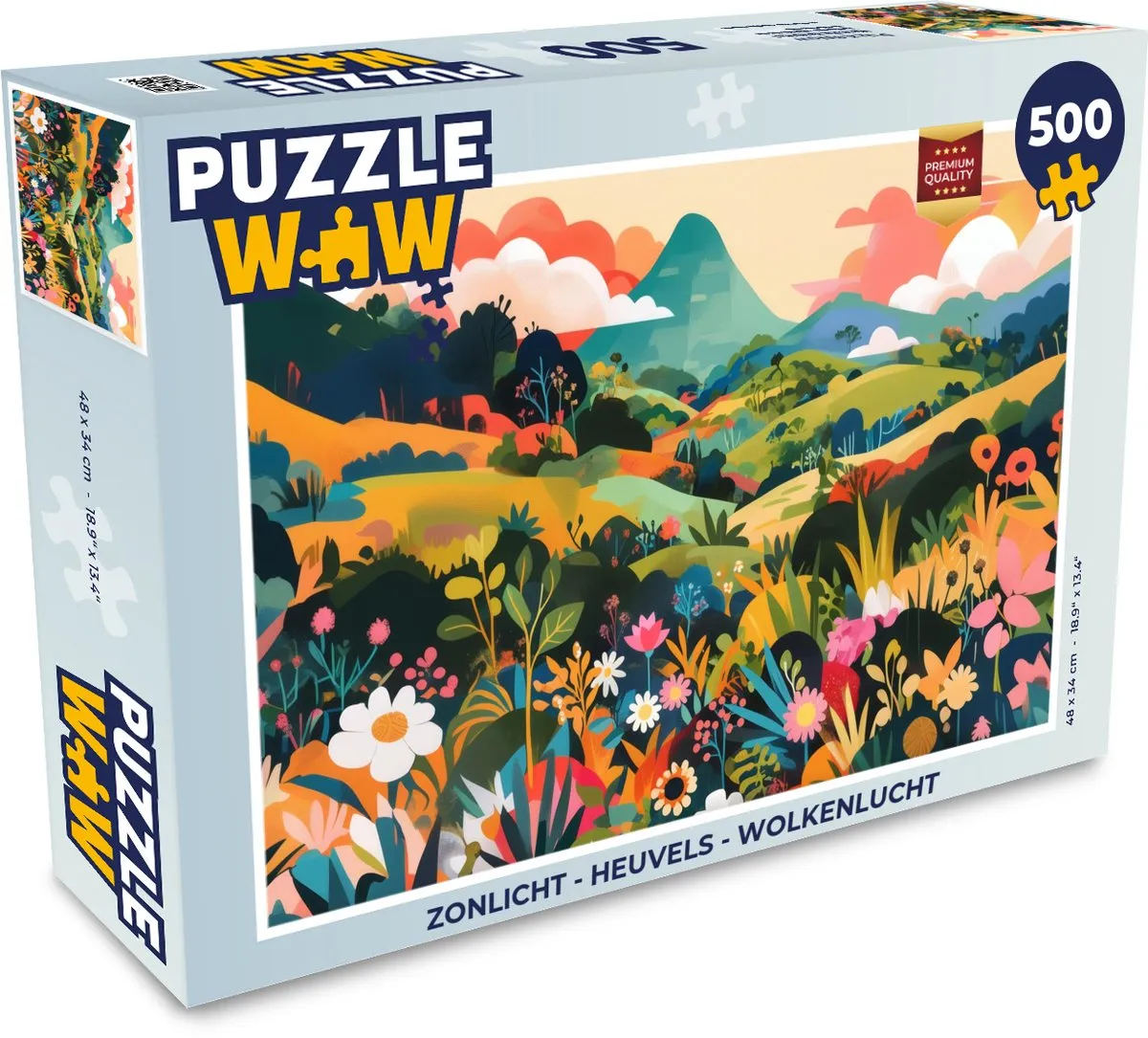 PuzzleWow Zonlicht Legpuzzel 500 Stuks - Heuvels/Bloemen/Wolken
