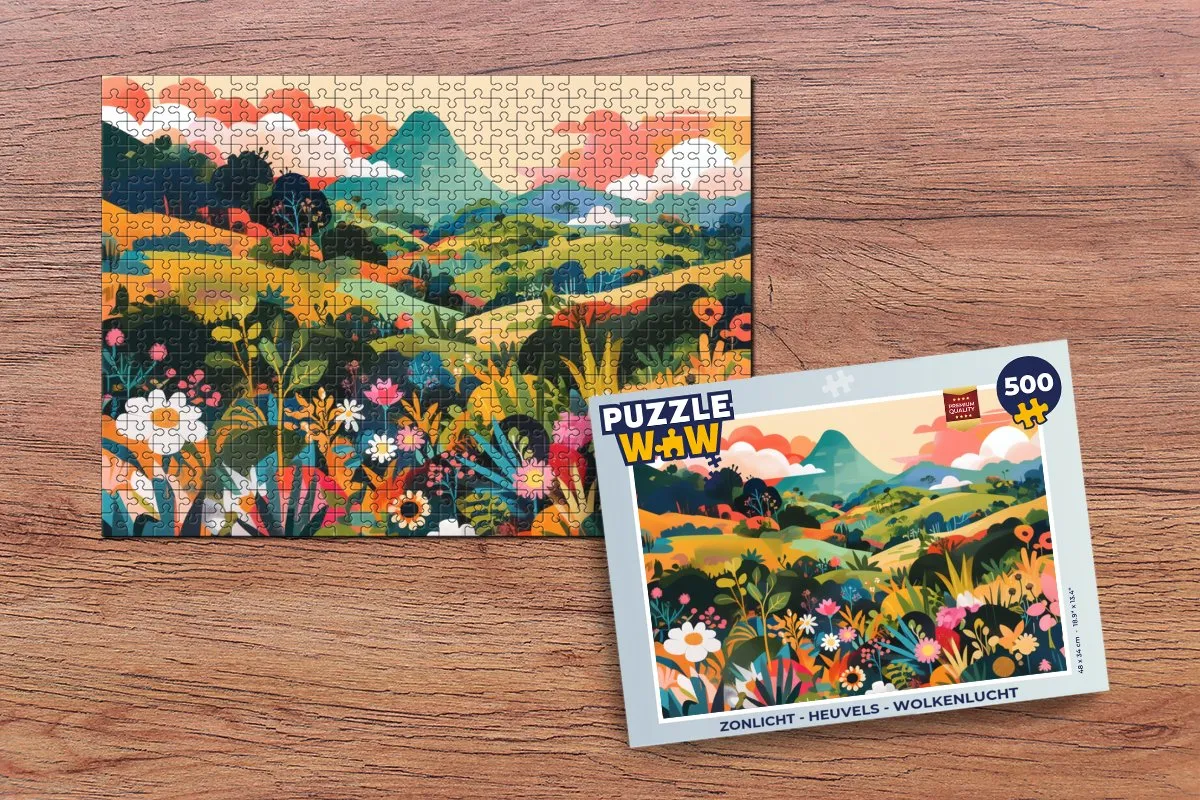 PuzzleWow Zonlicht Legpuzzel 500 Stuks - Heuvels/Bloemen/Wolken