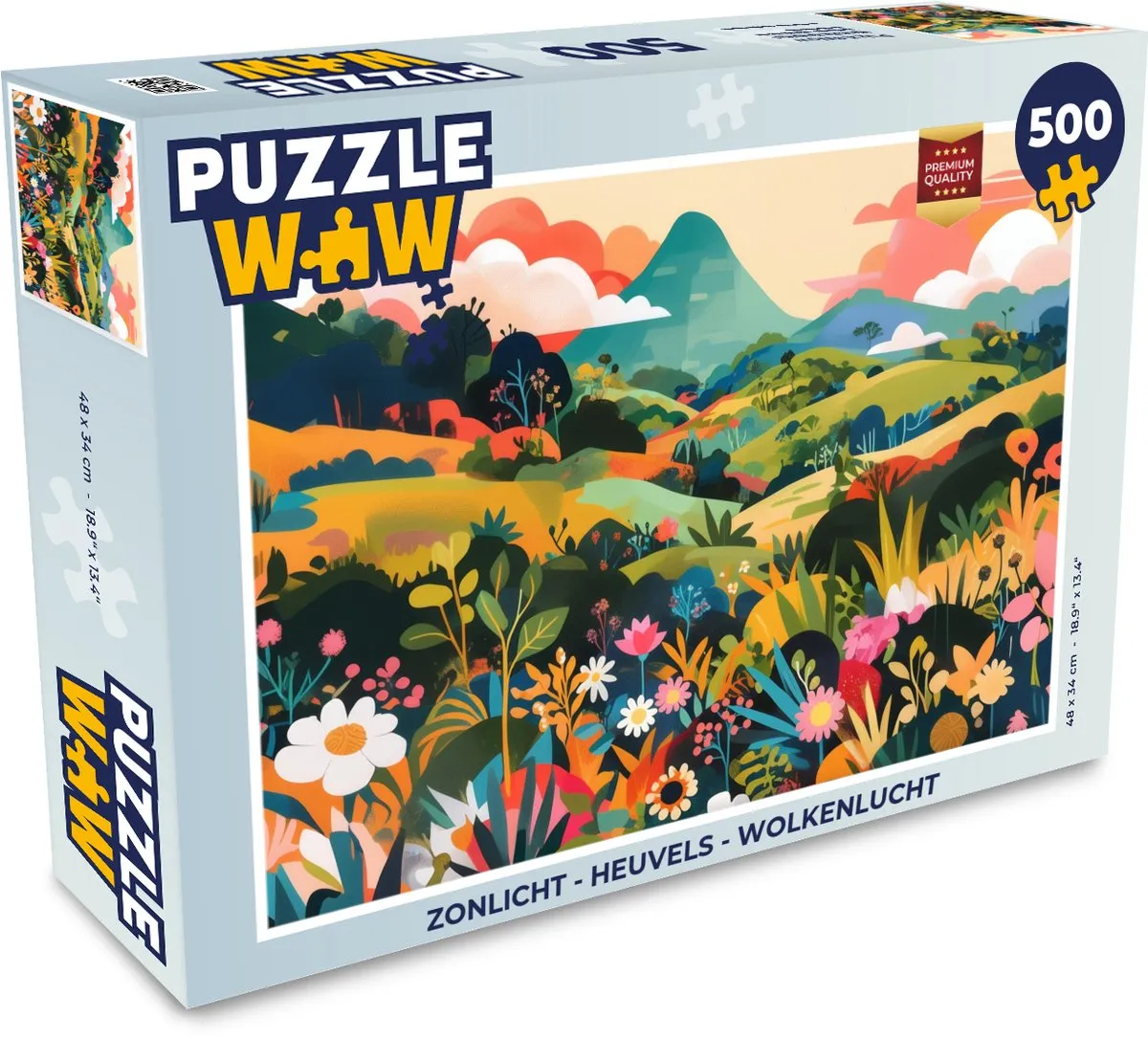 PuzzleWow Zonlicht Legpuzzel 500 Stuks - Heuvels/Bloemen/Wolken