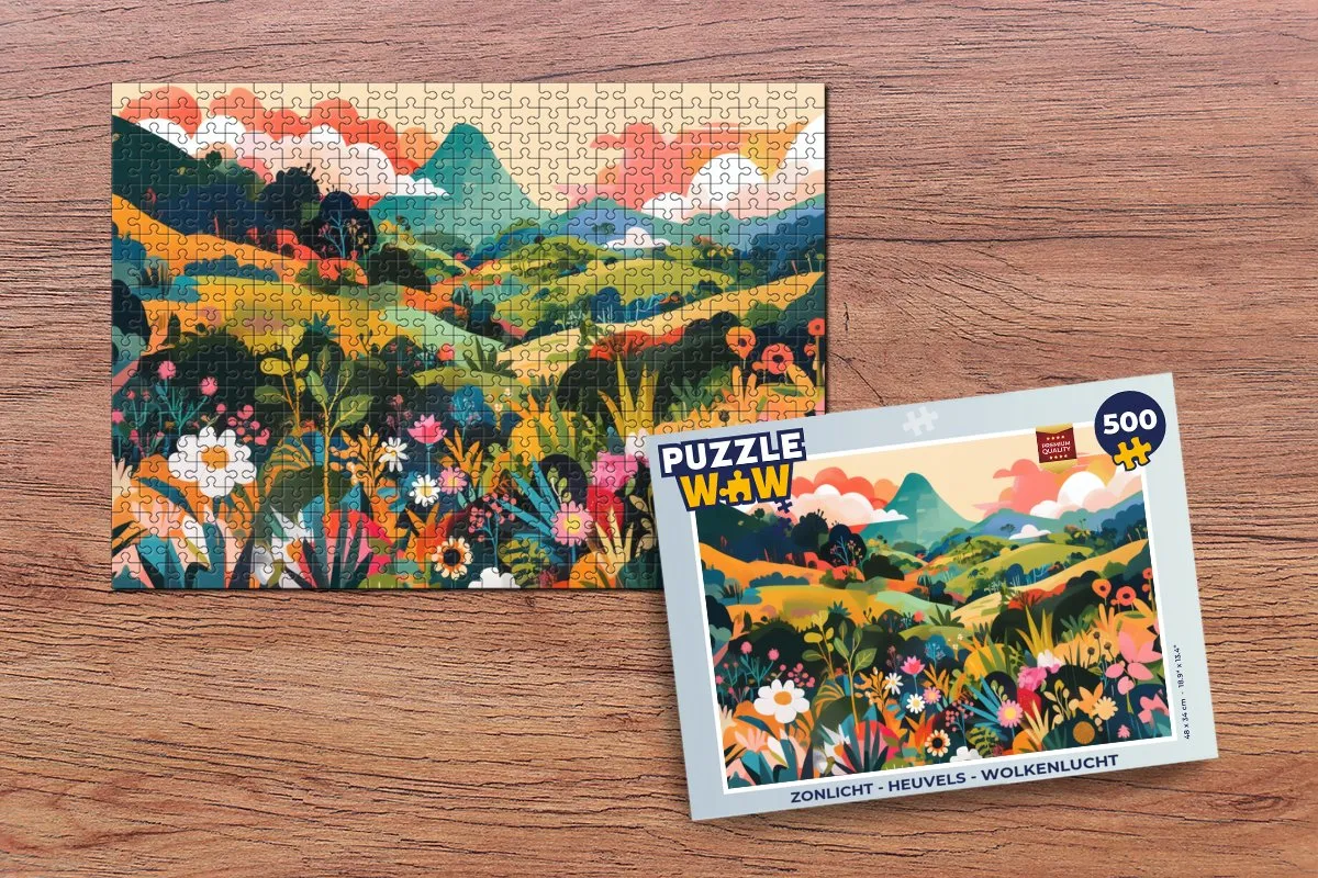 PuzzleWow Zonlicht Legpuzzel 500 Stuks - Heuvels/Bloemen/Wolken