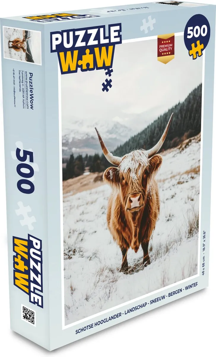 PuzzleWow Schotse Hooglander Legpuzzel 500 Stuks - Sneeuw