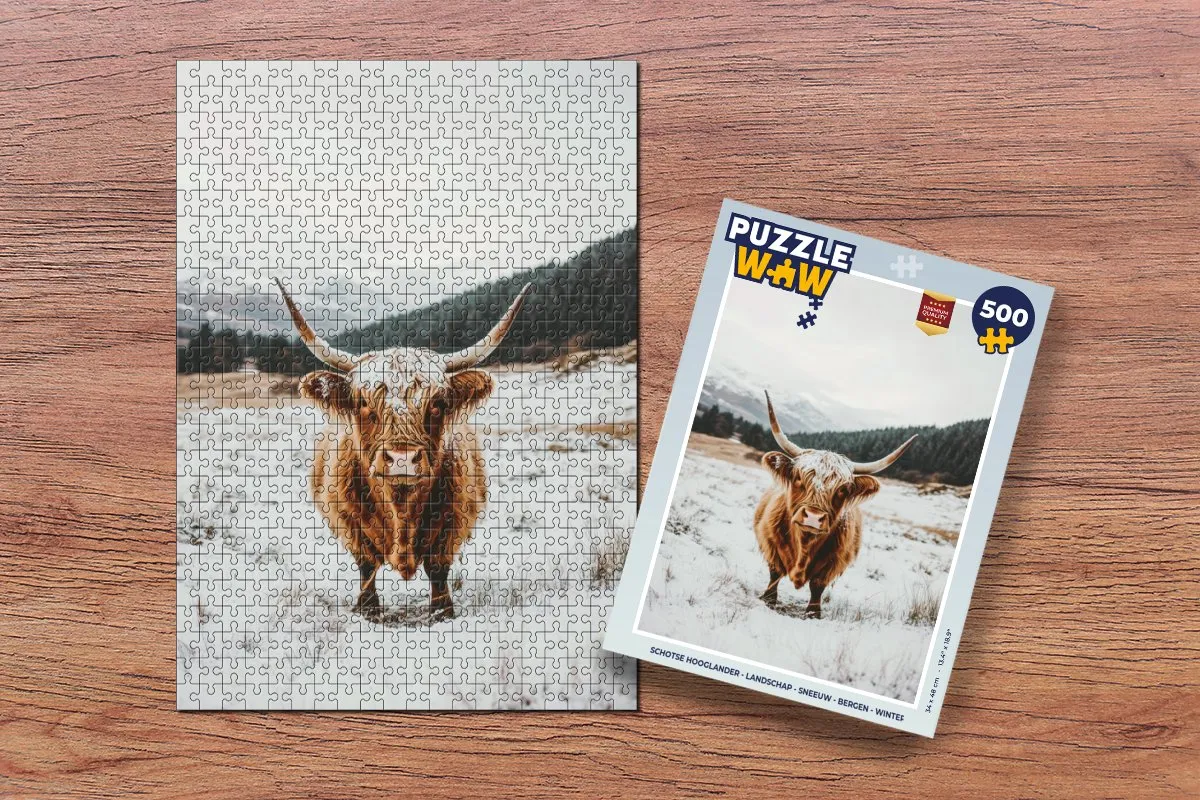 PuzzleWow Schotse Hooglander Legpuzzel 500 Stuks - Sneeuw