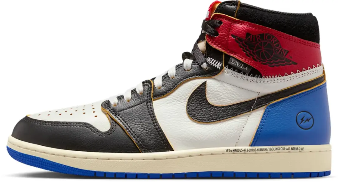Air Jordan 1 Retro High OG SP Fragment x Union LA Varsity Red Sport Royal maat 5