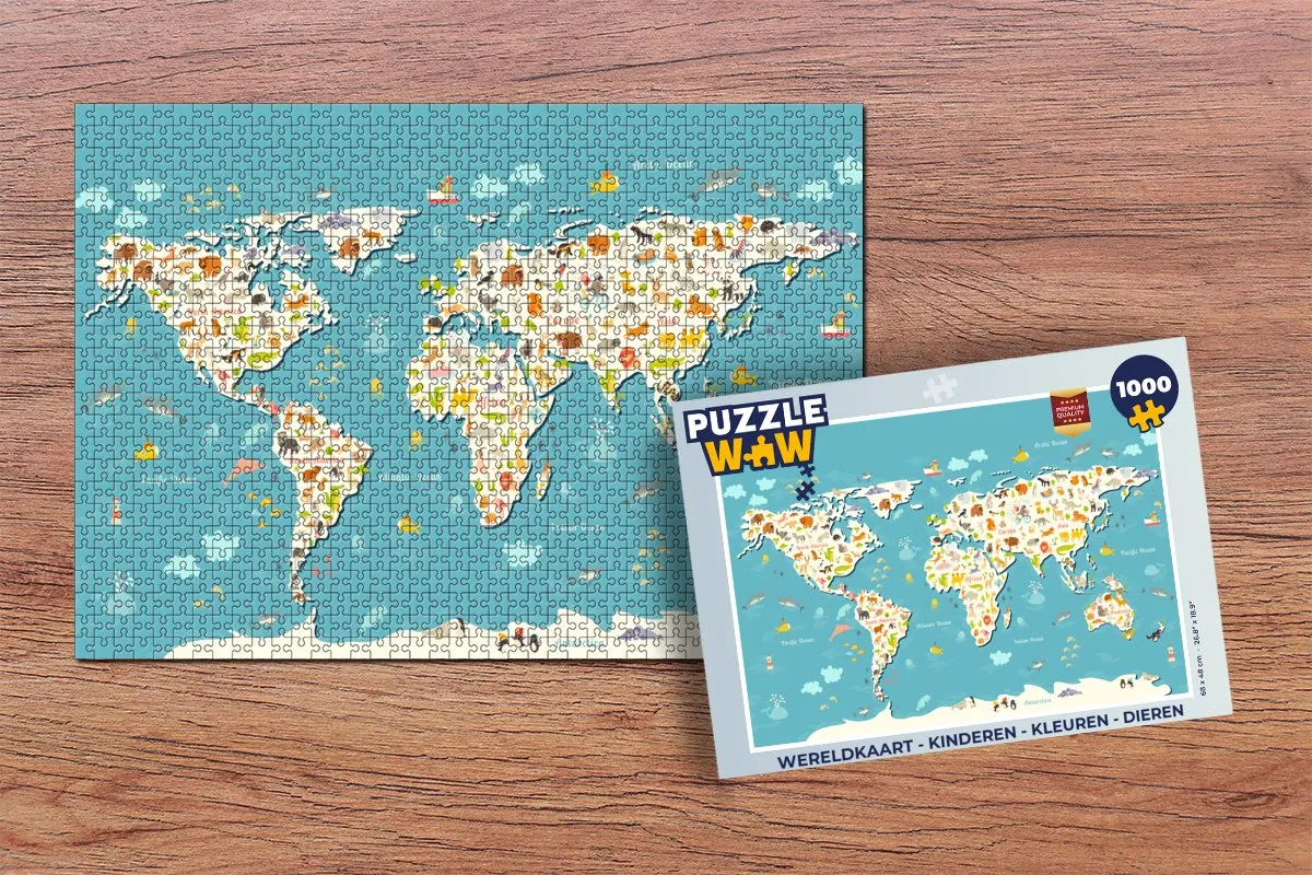 PuzzleWow Wereldkaart Dieren Puzzel 1000 Stuks - Multicolor