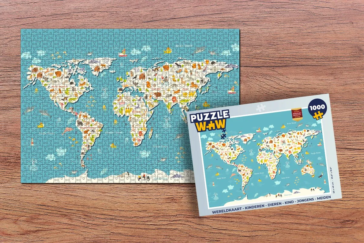 PuzzleWow Wereldkaart Dieren Puzzel 1000 Stuks - Multicolor