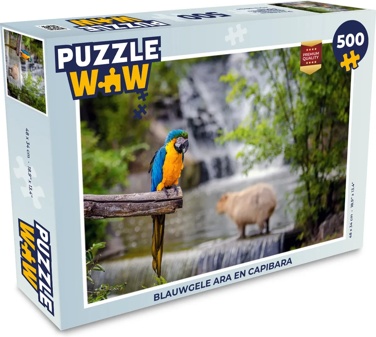 PuzzleWow Legpuzzel Blauwgele Ara en Capibara 500 Stuks