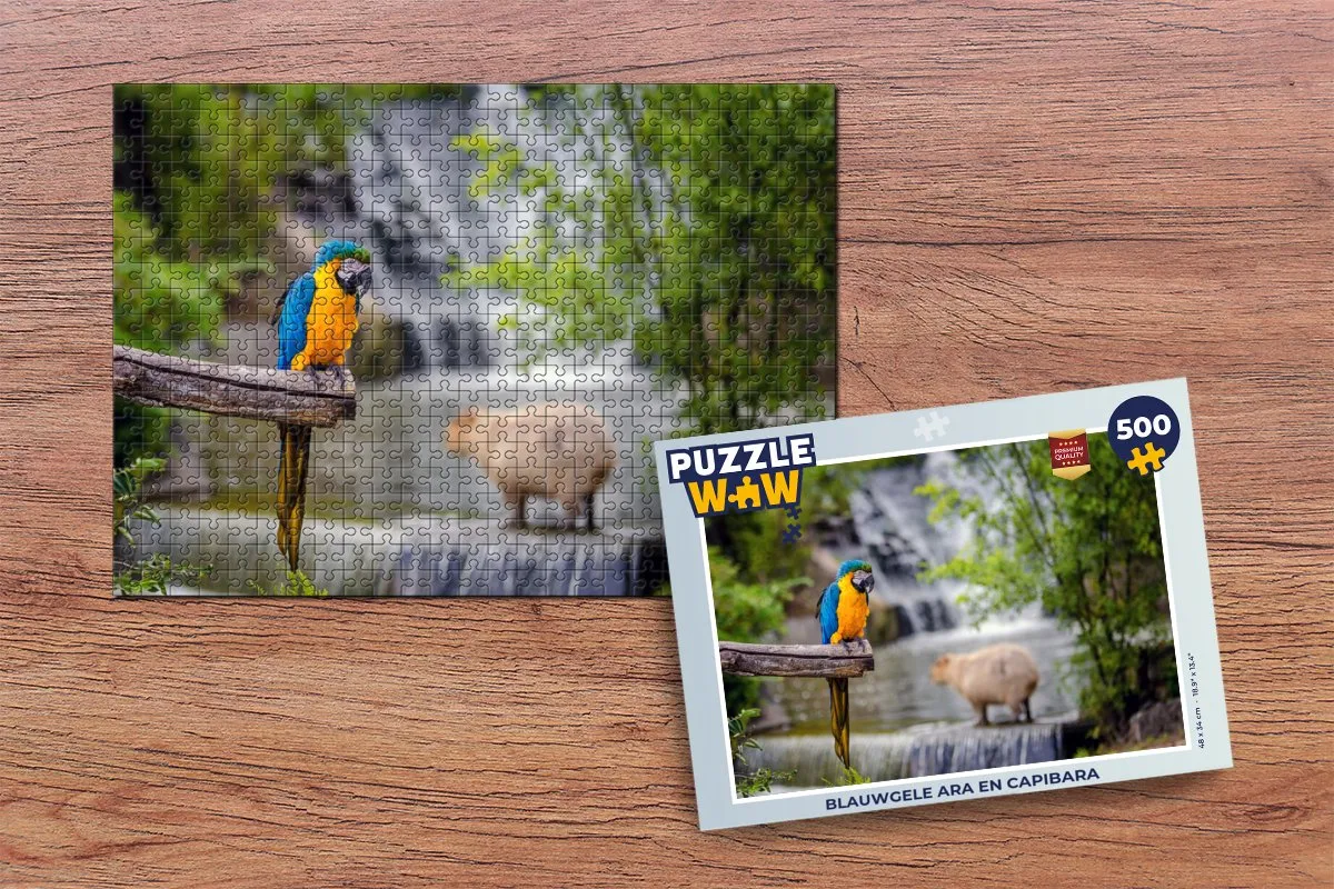 PuzzleWow Legpuzzel Blauwgele Ara en Capibara 500 Stuks - Multicolor