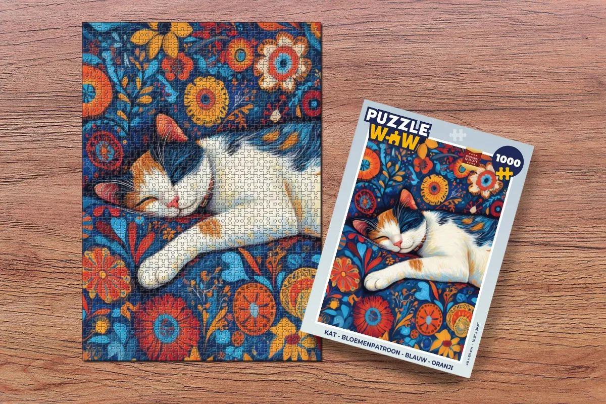 PuzzleWow Kat Bloemenpatroon Legpuzzel 1000 Stuks - Blauw/Oranje