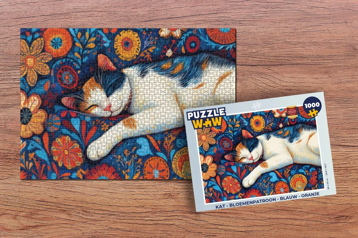 PuzzleWow Kat Bloemenpatroon Legpuzzel 1000 Stuks - Blauw/Oranje