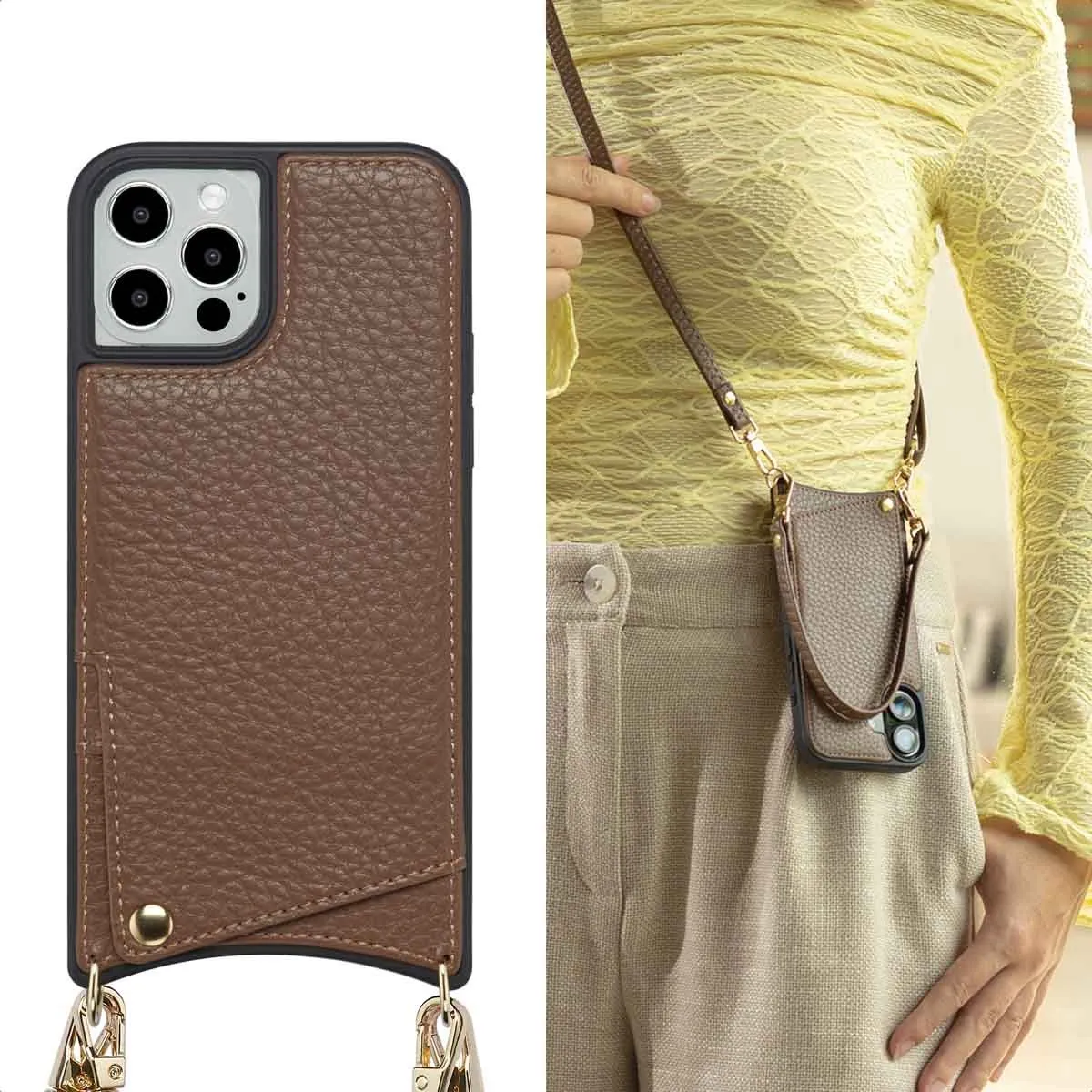 Selencia Hoesje iPhone 12 Pro/12 - Backcover met koord - Donkerbruin