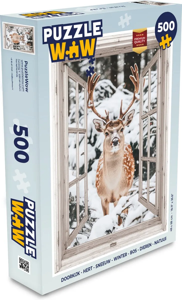 PuzzleWow Doorkijk Hert Sneeuw Legpuzzel 500 Stuks