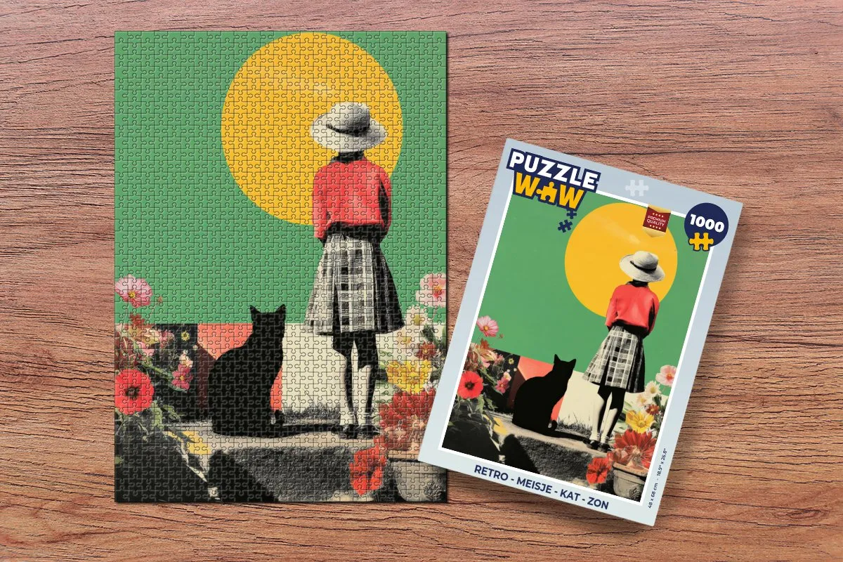 PuzzleWow Retro Meisje Kat Zon Puzzel - 1000 Stuks
