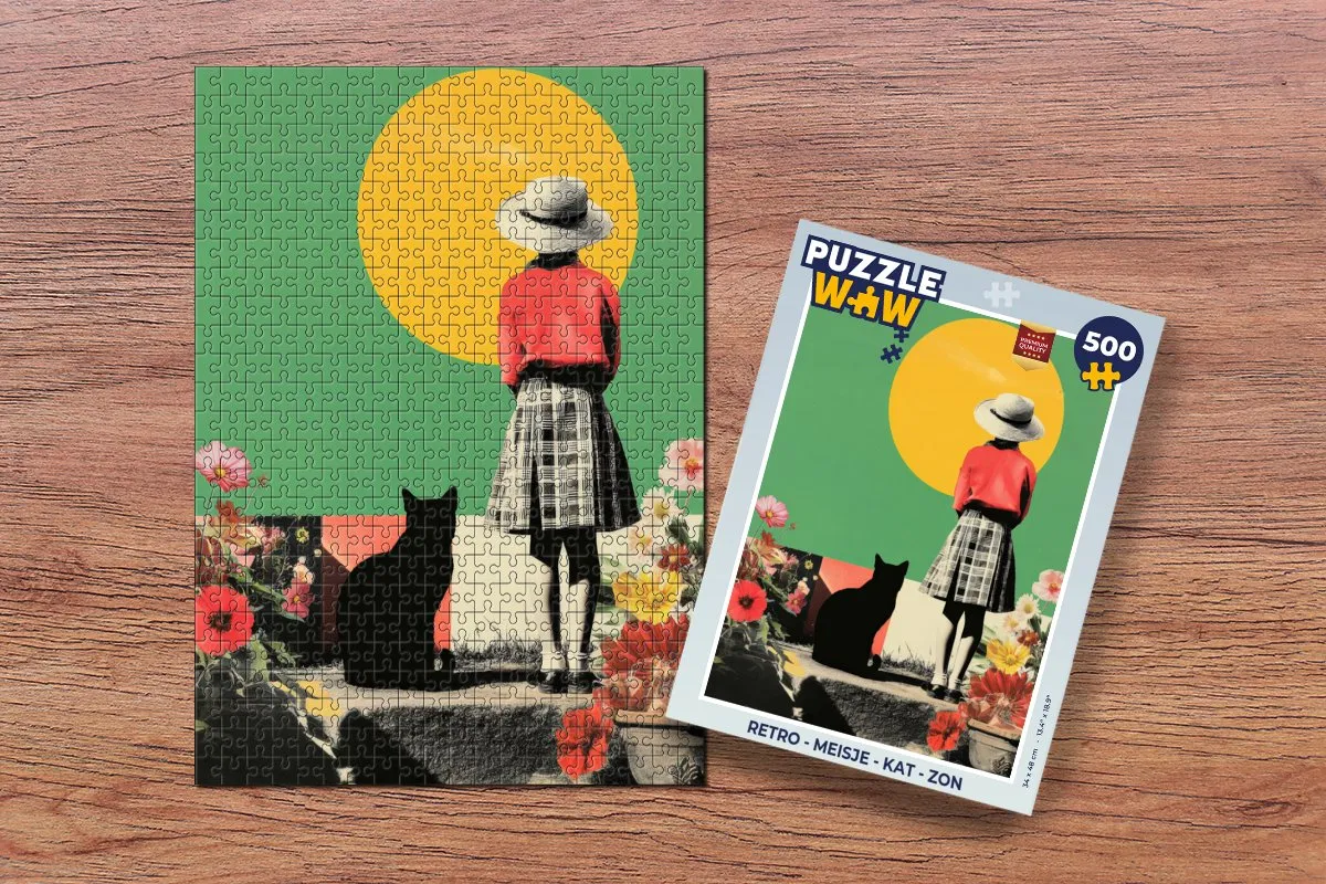 PuzzleWow Retro Meisje Kat Zon Puzzel - 1000 Stuks