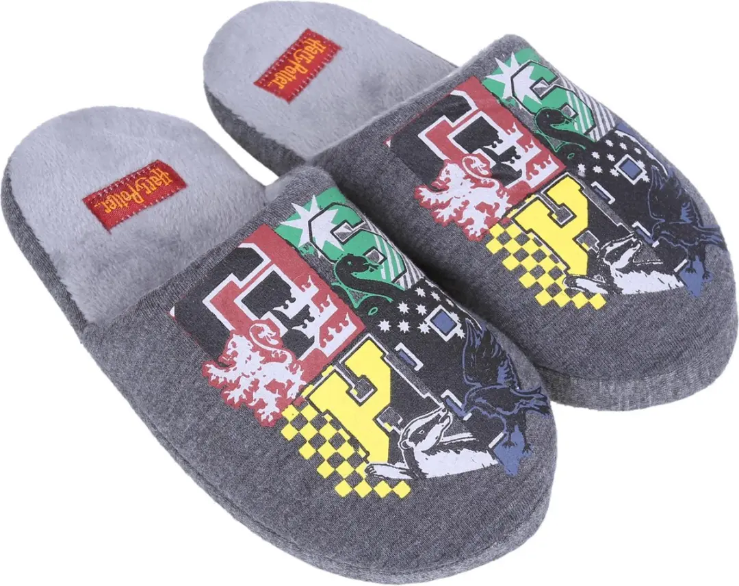 Donkergrijze, warme pantoffels, pantoffels met de logo's van Harry Potter MAAT 3