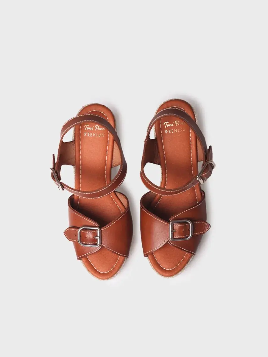 Dames leren espadrille met hoge sleehak