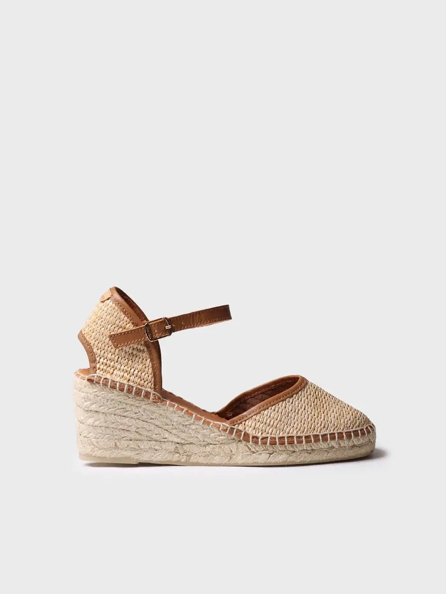 Espadrille met sleehak voor dames van gevlochten raffia