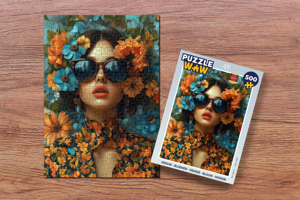 PuzzleWow Vrouw Bloemen Legpuzzel 500 Stuks - Oranje/Blauw