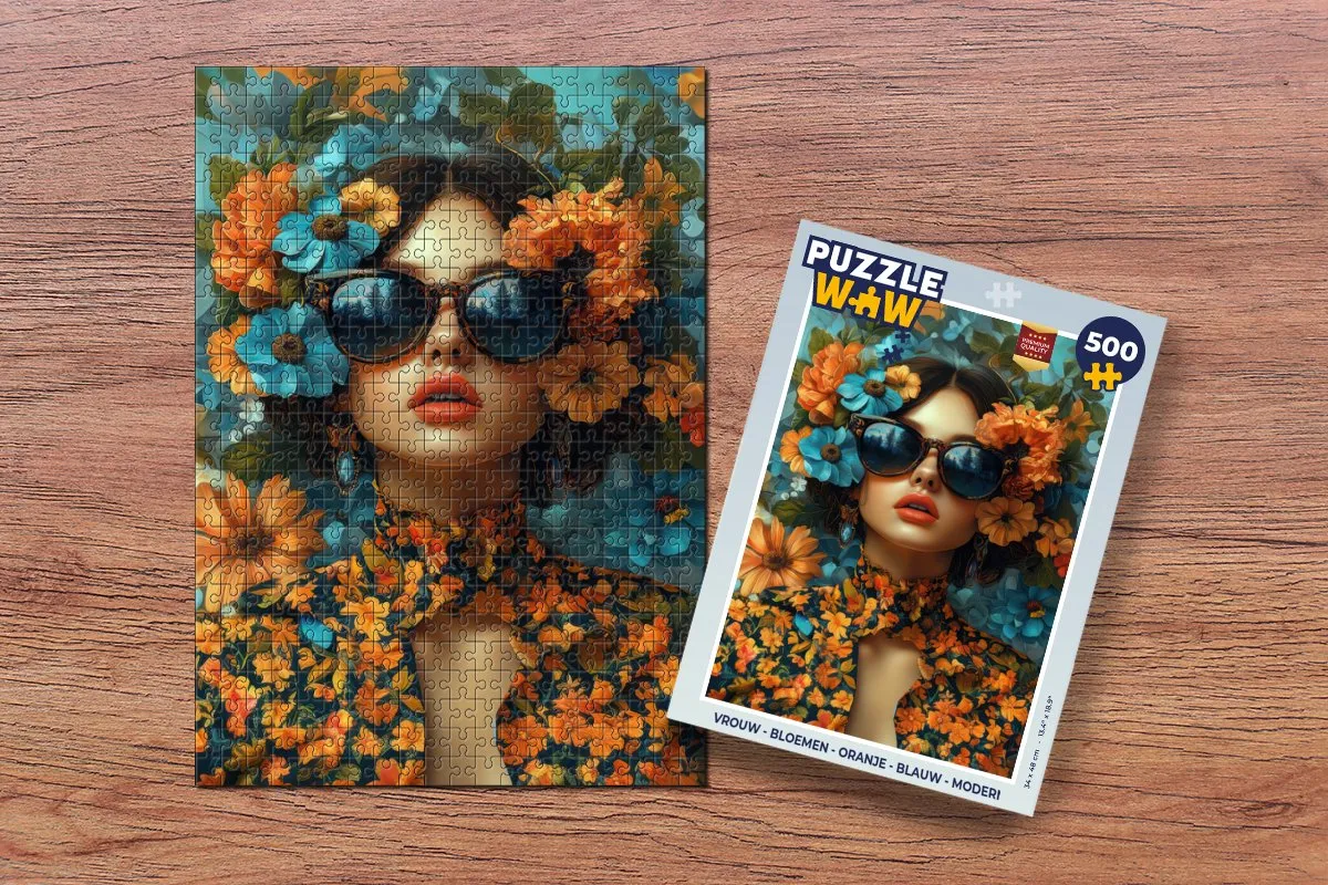 PuzzleWow Vrouw Bloemen Legpuzzel 500 Stuks - Oranje/Blauw