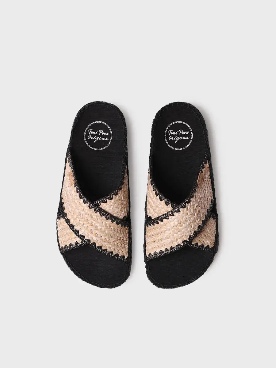 Platte espadrille voor dames van gevlochten stof met gekruiste bandjes
