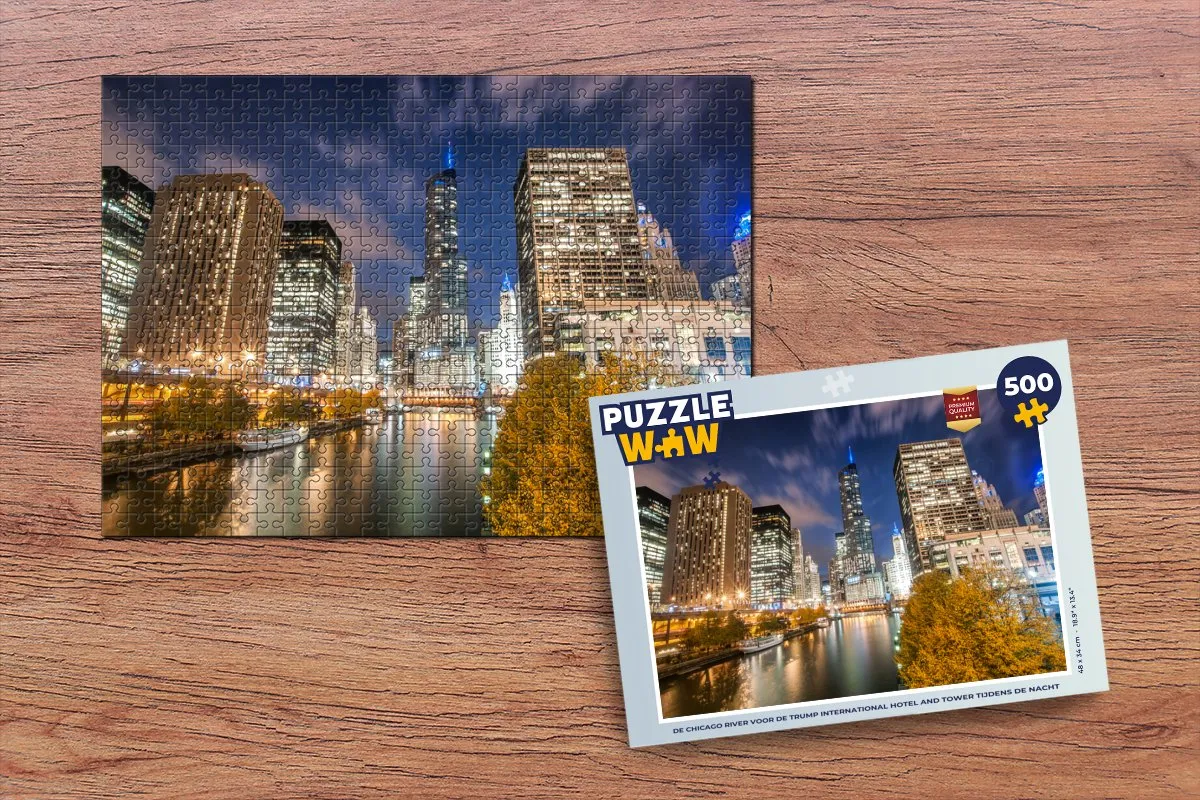 PuzzleWow Chicago River Trump Tower Nacht Puzzel 500 Stuks - Multicolor