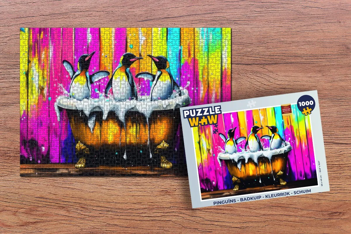 PuzzleWow Puzzel Pinguïns Badkuip - 1000 Stuks - Kleurrijk