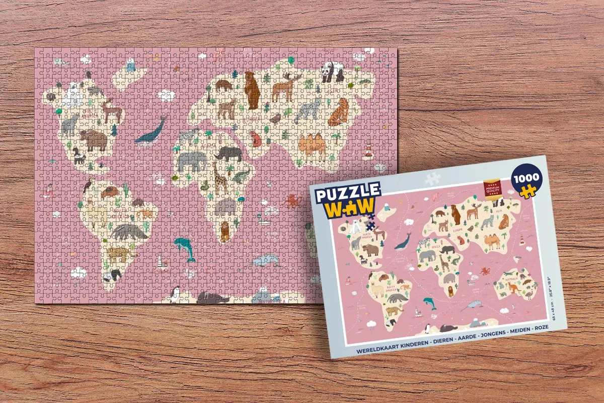 PuzzleWow Wereldkaart Dieren Puzzel 1000 Stuks - Multicolor