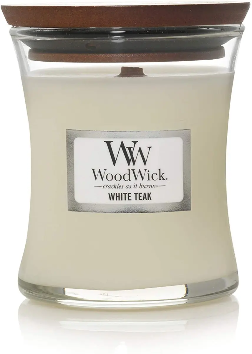 Woodwick Mini Geurkaars White Teak - 20 uur - 85gr - afbeelding 2 van 3
