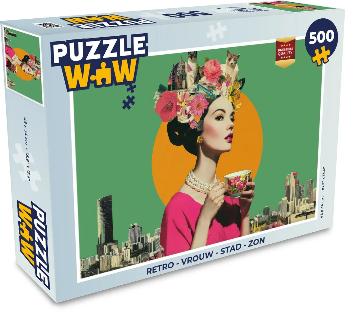 PuzzleWow Retro Vrouw Stad Zon Puzzel - 500 Stuks