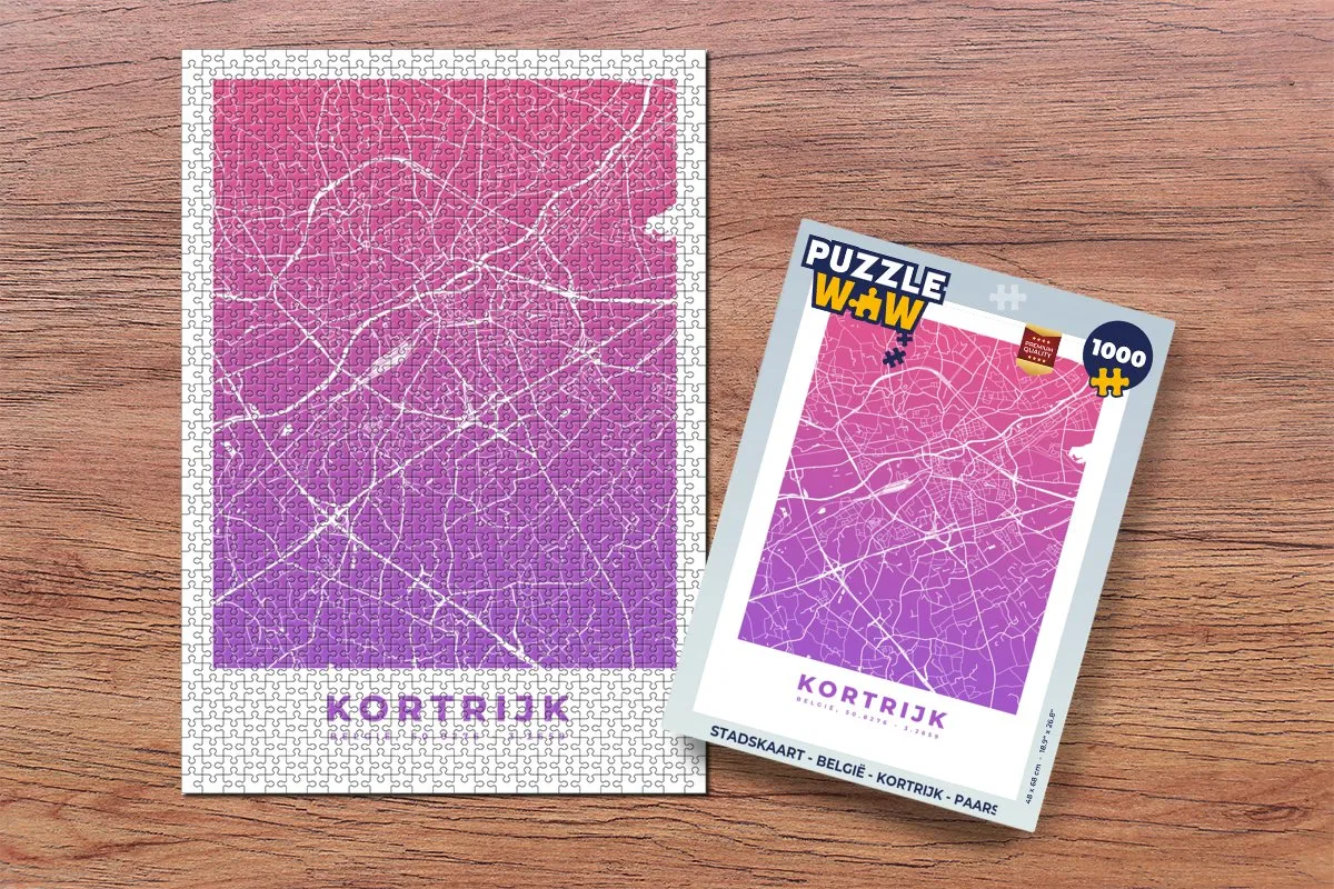 PuzzleWow Stadskaart België Kortrijk Legpuzzel 1000 Stuks - Paars