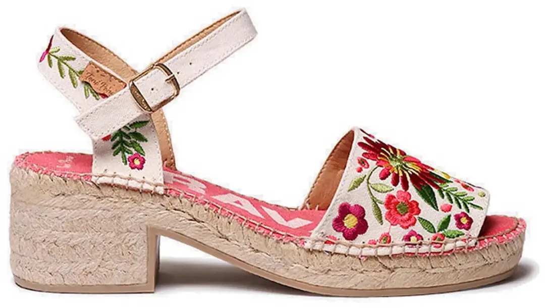 Dames espadrille met lage hak en bloemenborduurwerk