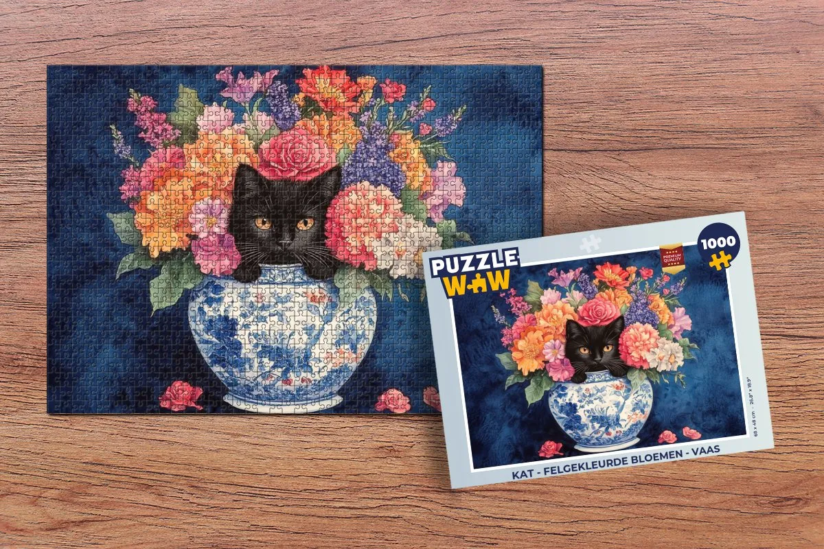 PuzzleWow Kat Felgekleurde Bloemen Legpuzzel 1000 Stuks