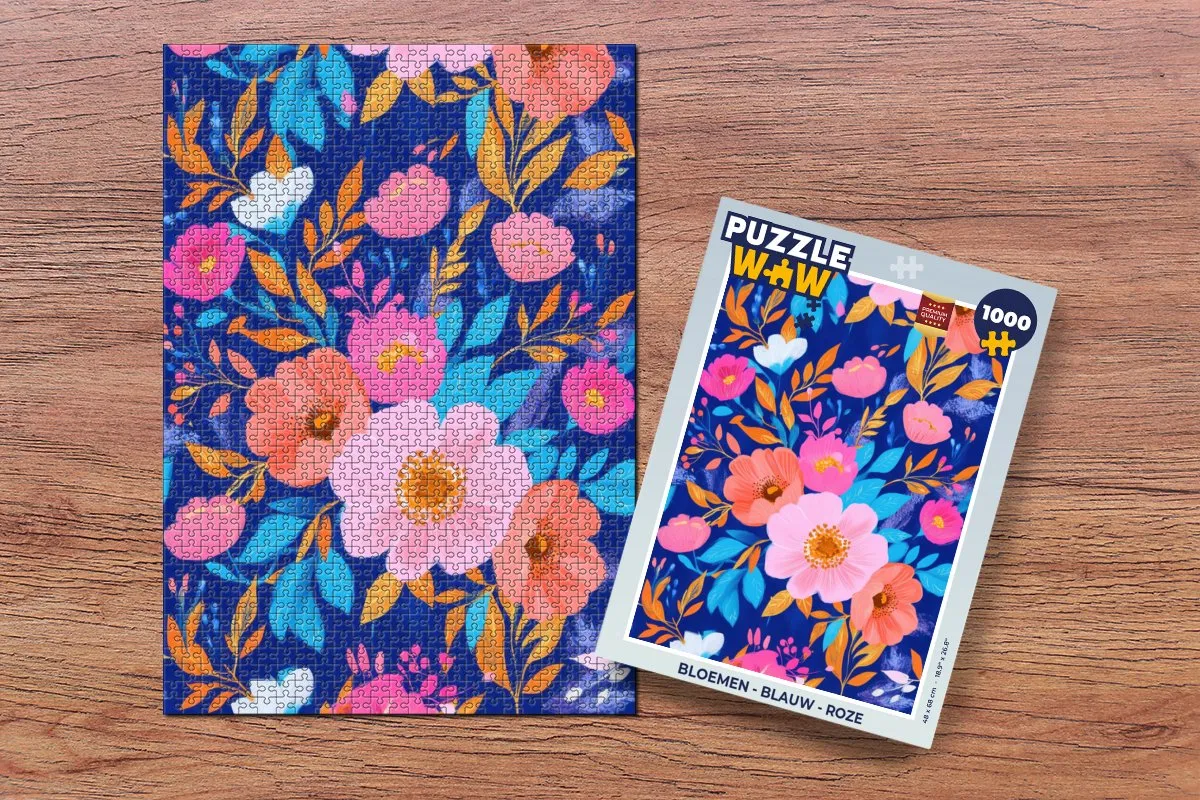 PuzzleWow Bloemen Legpuzzel 1000 Stuks - Blauw/Rozep